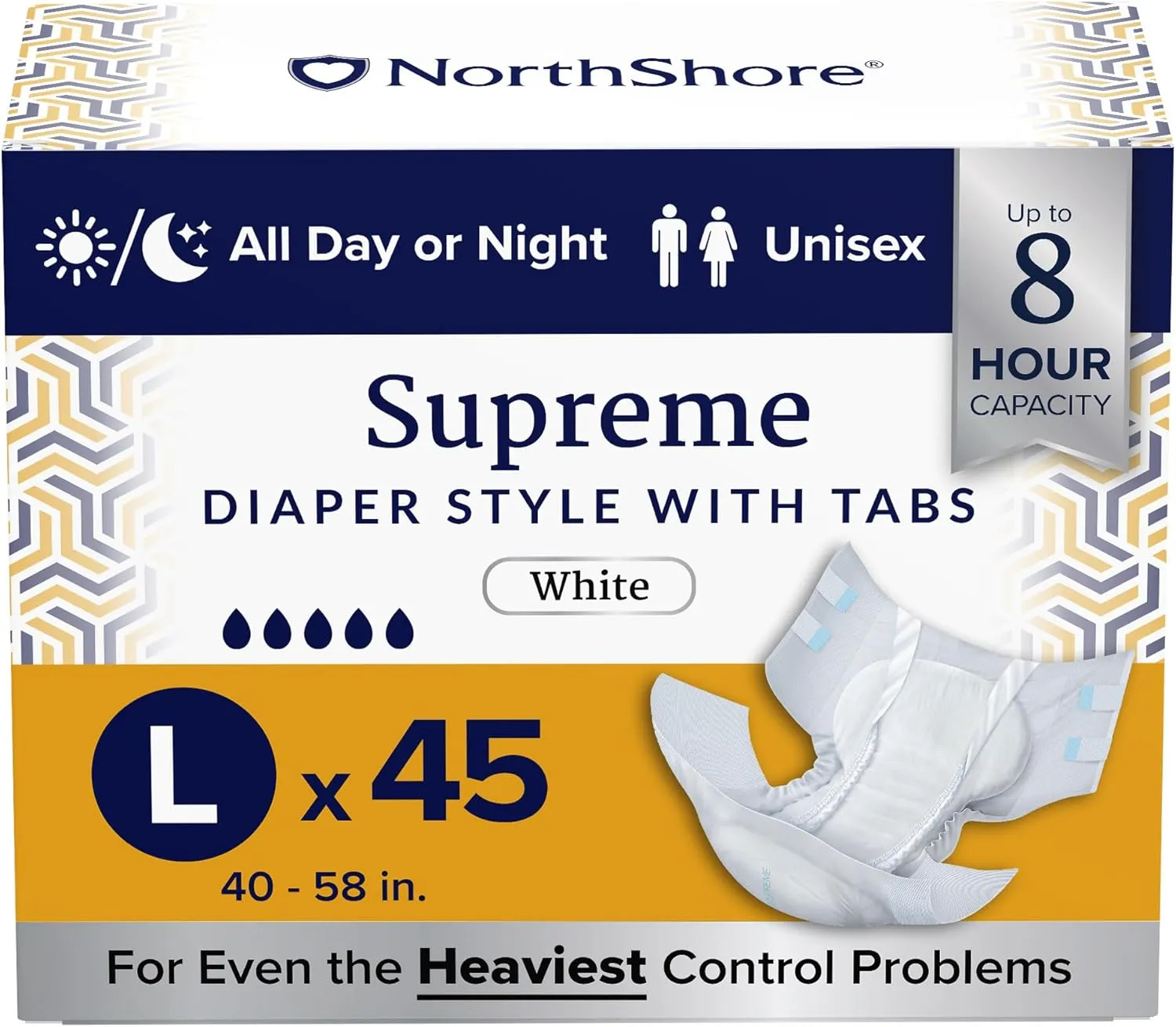 NorthShore Supreme Tab-Style Briefs for Men and Women (White, Large, 45 Count)