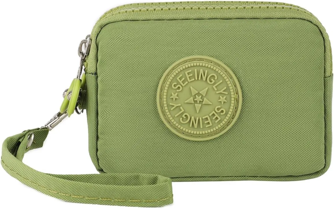 Nylon Card Holder Coin Purse Pouch Three Zipper Wallets Purse for women Little Travel Wallet (Grass Green)