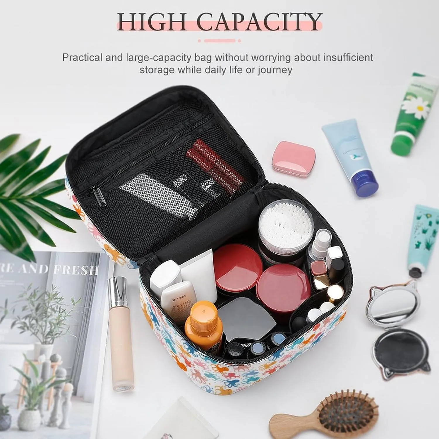 Ocean Animals Cute Octopus Makeup Bags For Women Travel Cosmetic Bag Large Waterproof Skincare Toiletry Bags With Handle Cosmetic Organizer Portable Make Up Box For Wedding Party