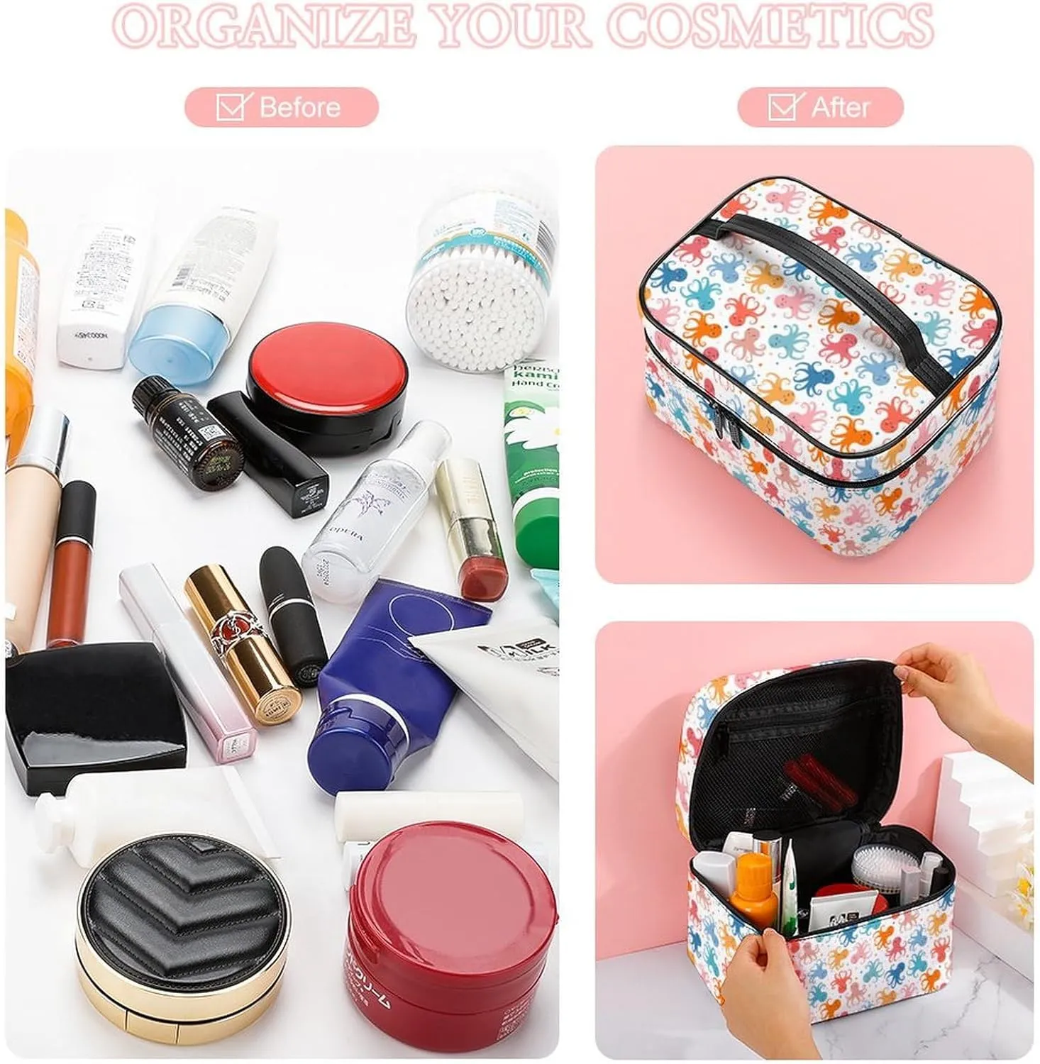 Ocean Animals Cute Octopus Makeup Bags For Women Travel Cosmetic Bag Large Waterproof Skincare Toiletry Bags With Handle Cosmetic Organizer Portable Make Up Box For Wedding Party