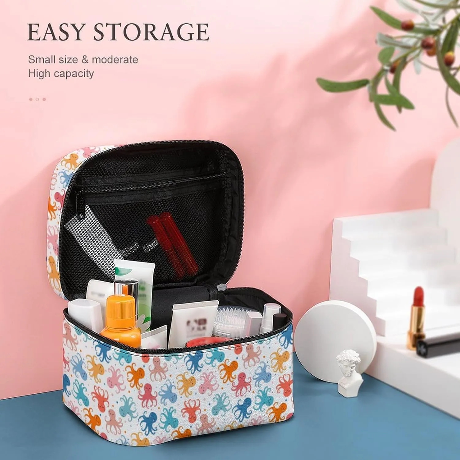 Ocean Animals Cute Octopus Makeup Bags For Women Travel Cosmetic Bag Large Waterproof Skincare Toiletry Bags With Handle Cosmetic Organizer Portable Make Up Box For Wedding Party