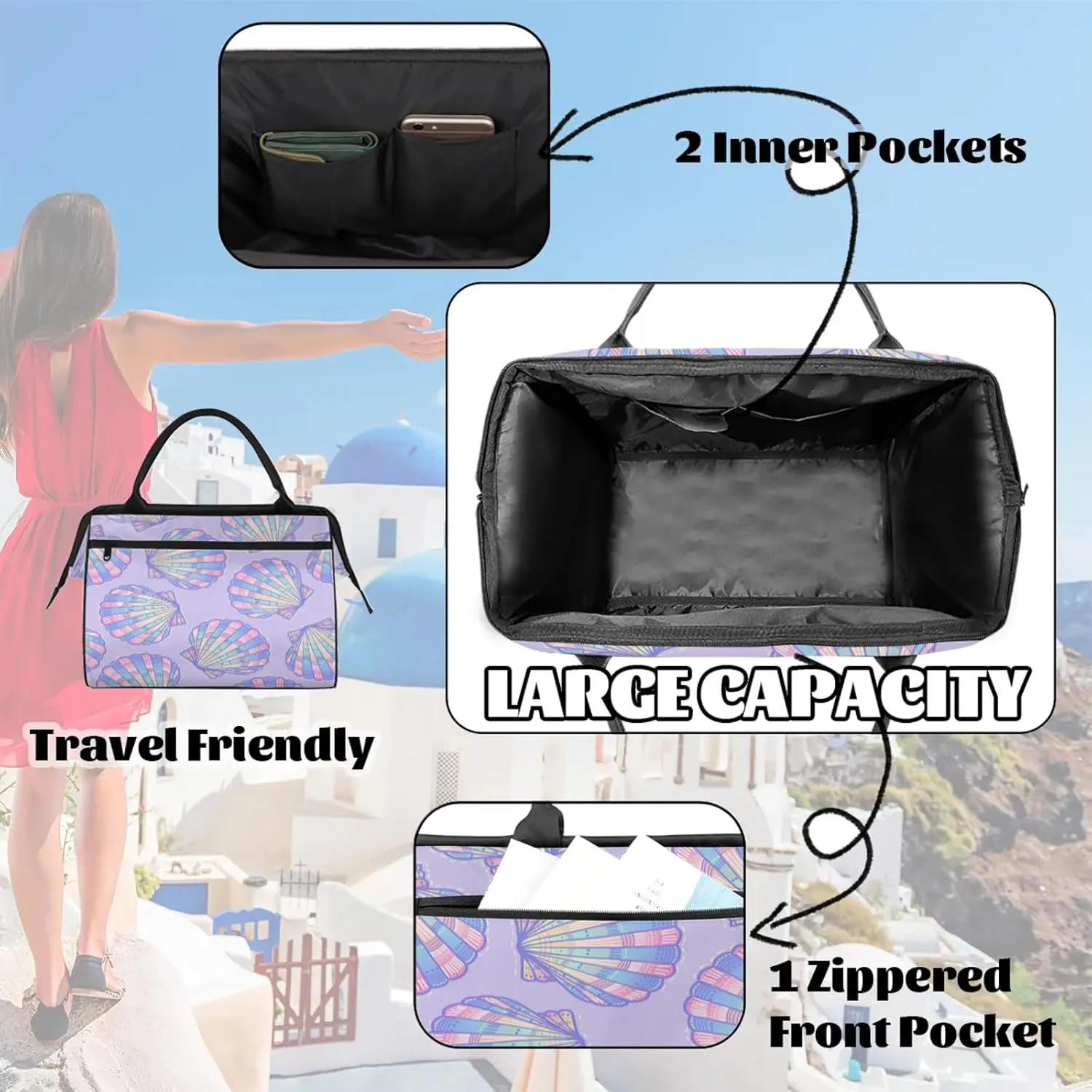 Ocean Colorful Shell Travel Duffel Bag Gym Tote Bag for Women Men Waterproof Weekend Overnight Bag Carry On Tote Luggage with Pocket Personal Item Bags Sports Bag fit Travel Sports Gym Yoga