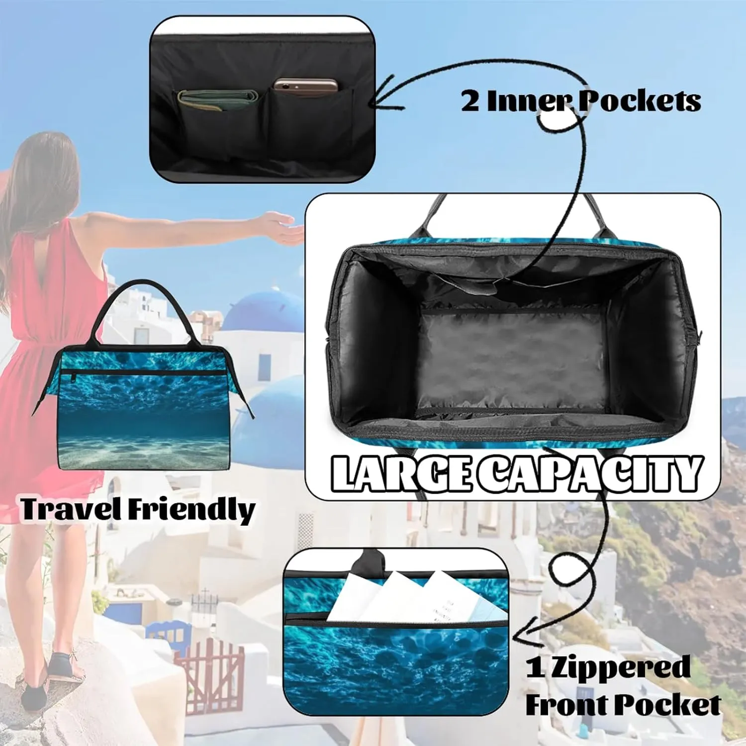 Ocean Summer Sunshine Travel Duffel Bag Gym Tote Bag for Women Men Waterproof Weekend Overnight Bag Carry On Tote Luggage with Pocket Personal Item Bags Sports Bag fit Travel Sports Gym Yoga