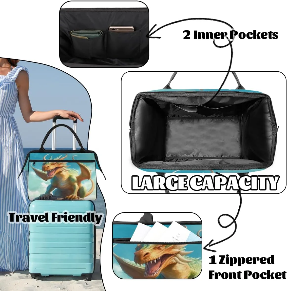 Oil Painting Dragon Travel Duffle Bag, Waterproof Duffel Bag Weekender Overnight Carry On Bag Lightweight Sport Gym Bag for Men Women