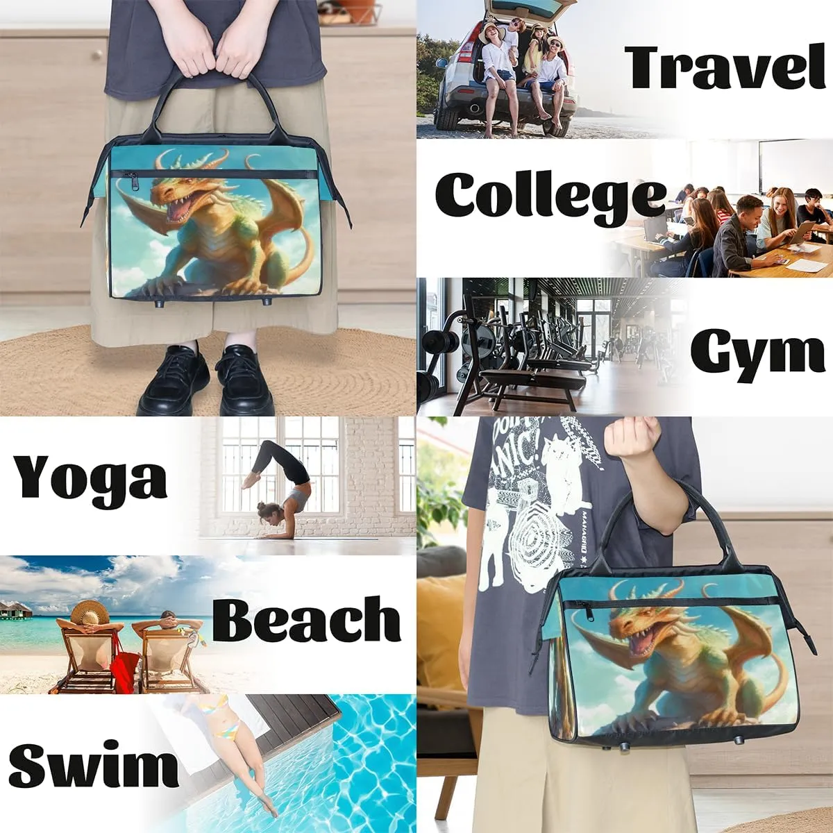 Oil Painting Dragon Travel Duffle Bag, Waterproof Duffel Bag Weekender Overnight Carry On Bag Lightweight Sport Gym Bag for Men Women