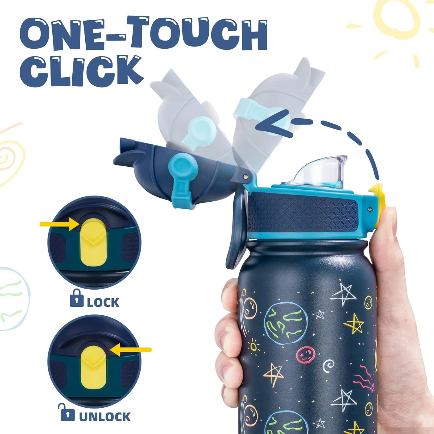 OLDLEY Kids Water Bottle 12oz Insulated Water bottle, Double Wall Stainless Steel Vacuum Bottle, Leak-Proof Sport Bottles for School Boys Girls,Navy Sky