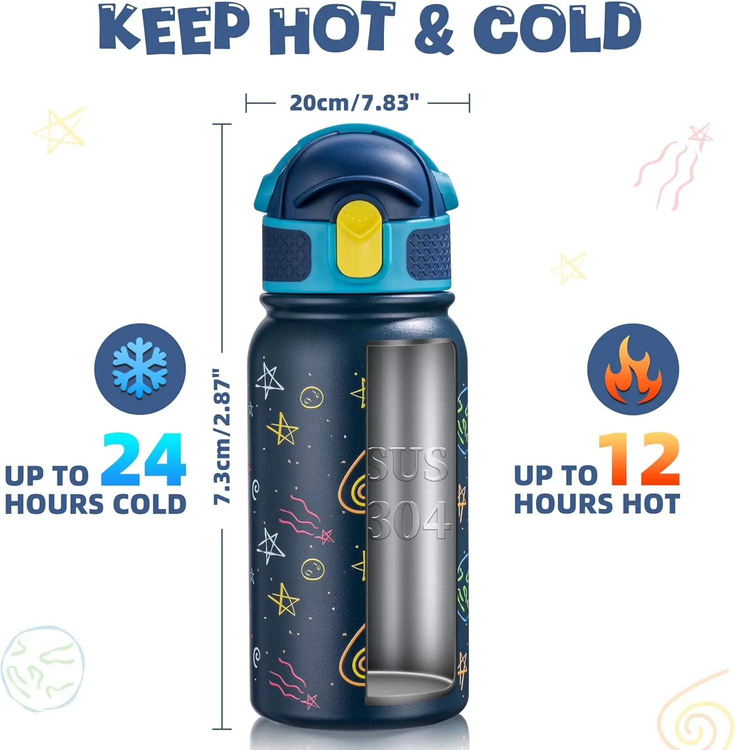 OLDLEY Kids Water Bottle 12oz Insulated Water bottle, Double Wall Stainless Steel Vacuum Bottle, Leak-Proof Sport Bottles for School Boys Girls,Navy Sky