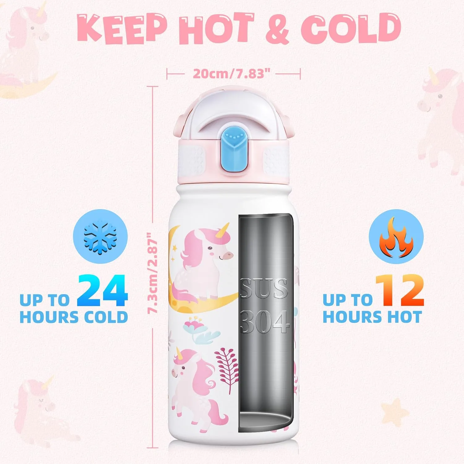 OLDLEY Kids Water Bottle 12oz Insulated Water bottle, Double Wall Stainless Steel Vacuum Bottle, Leak-Proof Sport Bottles for School Boys Girls,White Unicorn