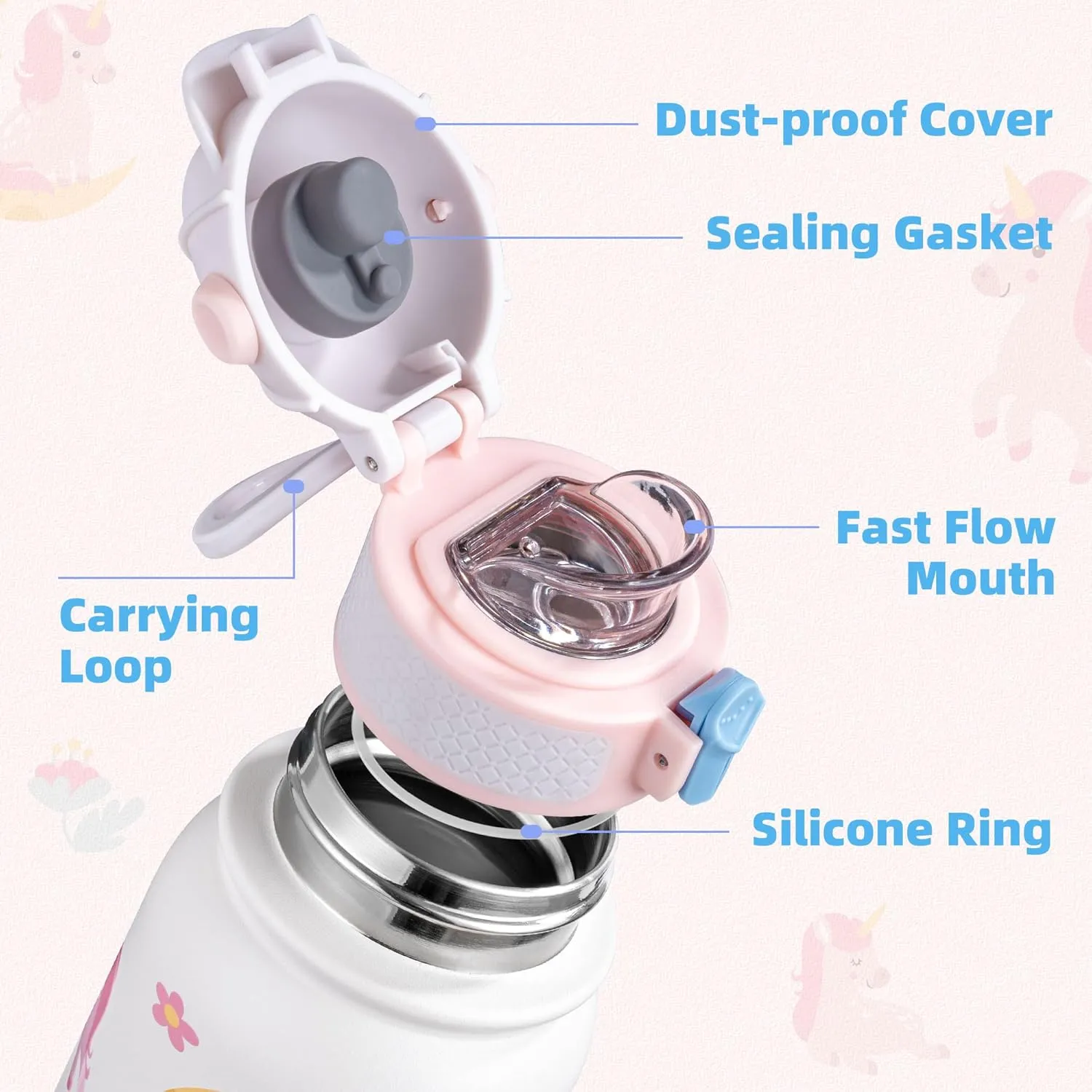 OLDLEY Kids Water Bottle 12oz Insulated Water bottle, Double Wall Stainless Steel Vacuum Bottle, Leak-Proof Sport Bottles for School Boys Girls,White Unicorn