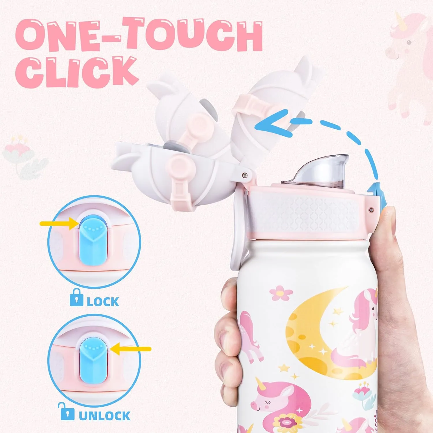 OLDLEY Kids Water Bottle 12oz Insulated Water bottle, Double Wall Stainless Steel Vacuum Bottle, Leak-Proof Sport Bottles for School Boys Girls,White Unicorn