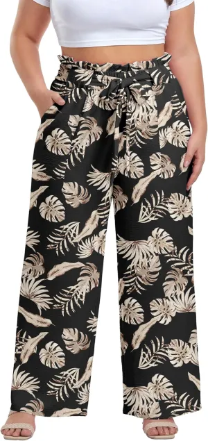 OLRIK Women's Casual Plus Size Pants High Waisted Self-tie Belted Lounge Pants Straight Long Trousers with Pockets