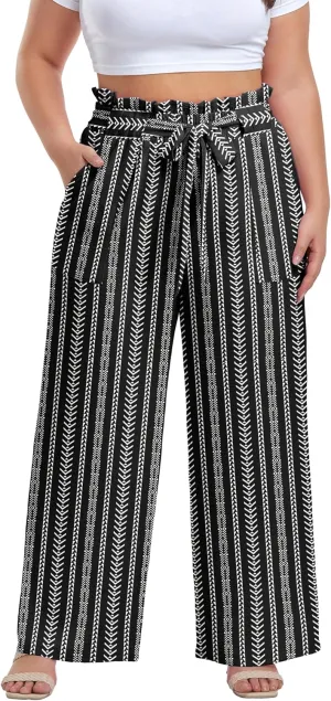 OLRIK Women's Casual Plus Size Pants High Waisted Self-tie Belted Lounge Pants Straight Long Trousers with Pockets