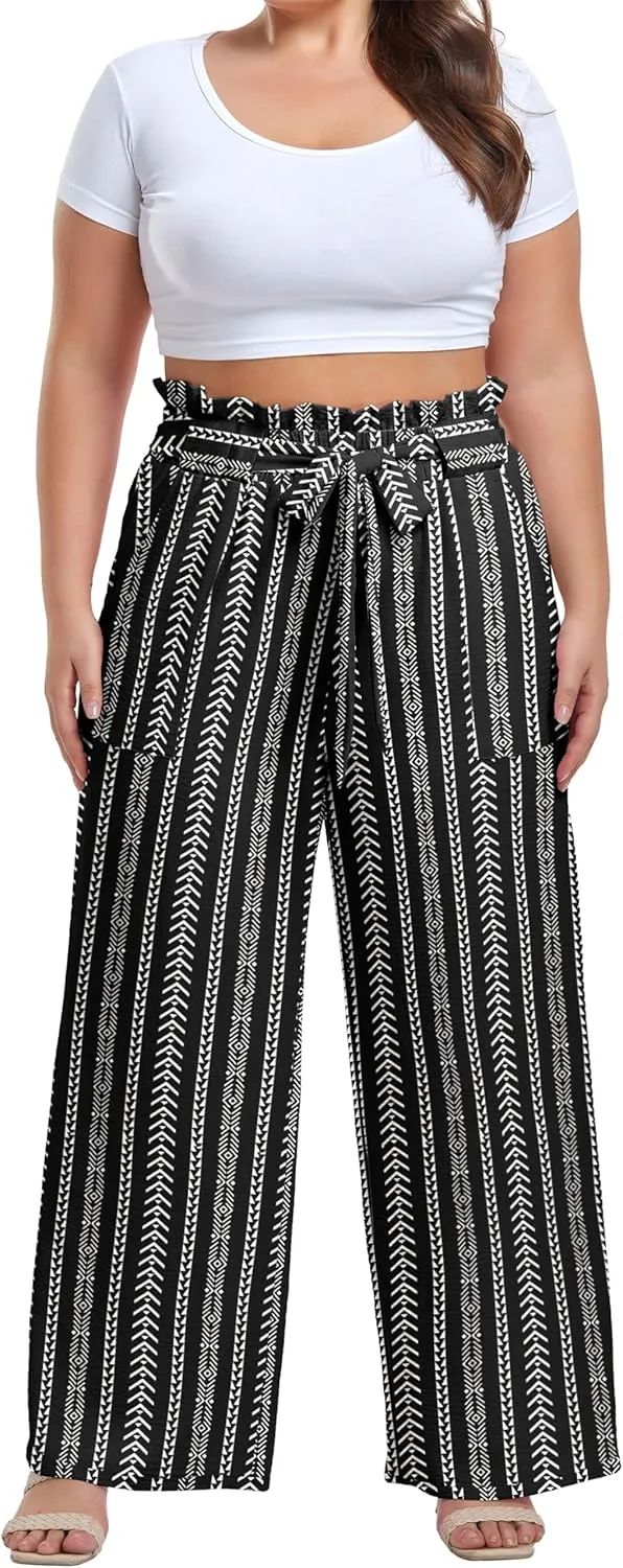 OLRIK Women's Casual Plus Size Pants High Waisted Self-tie Belted Lounge Pants Straight Long Trousers with Pockets