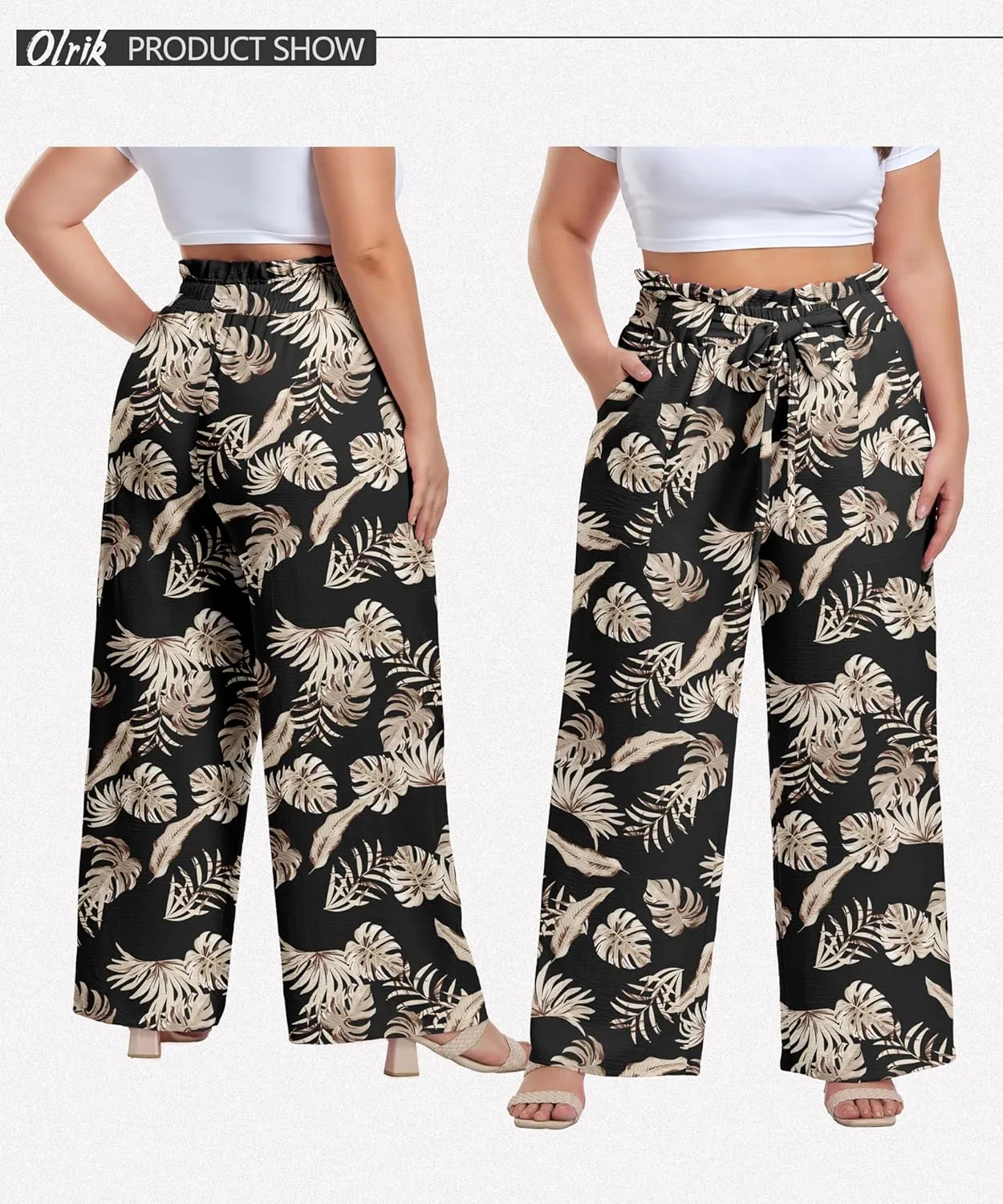 OLRIK Women's Casual Plus Size Pants High Waisted Self-tie Belted Lounge Pants Straight Long Trousers with Pockets
