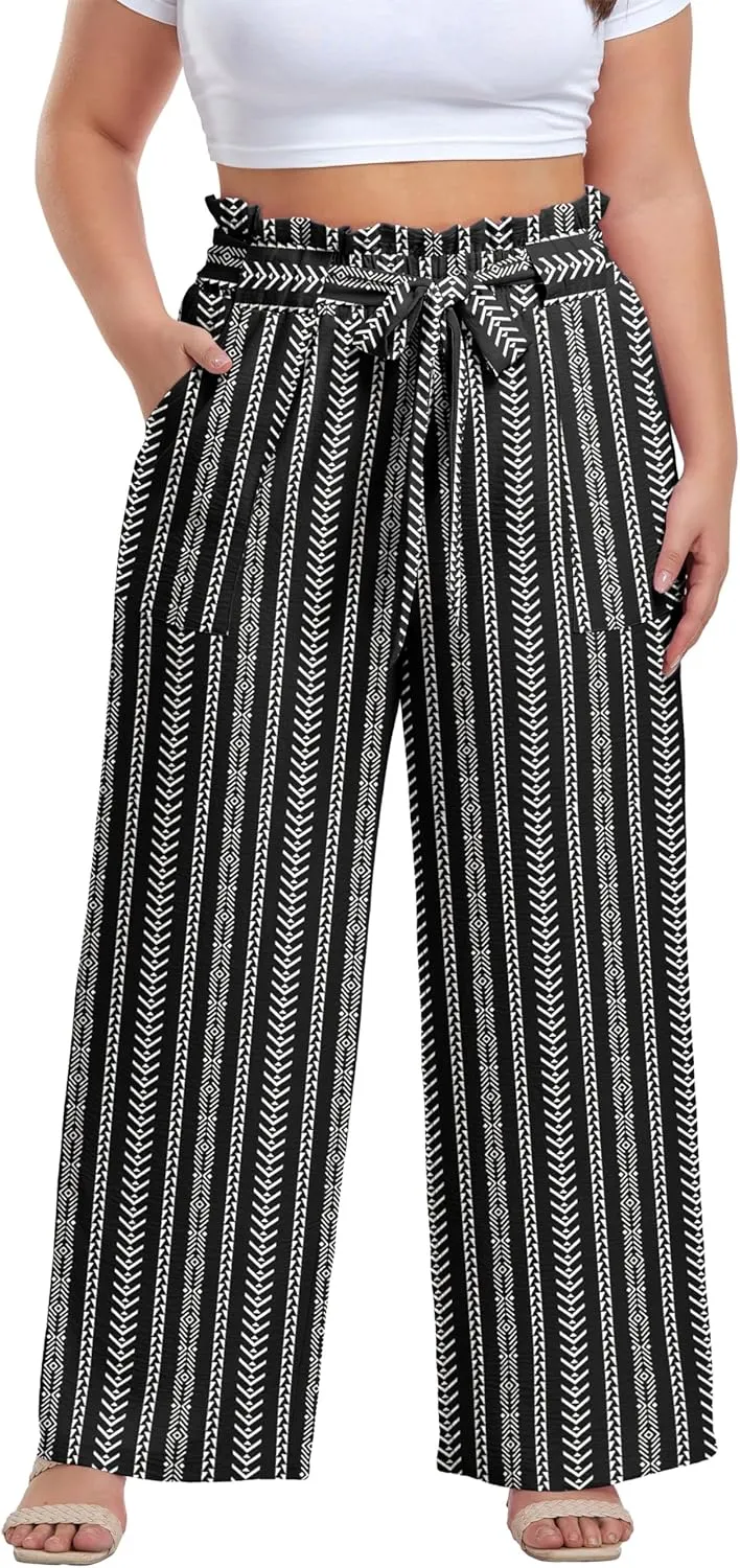 OLRIK Women's Casual Plus Size Pants High Waisted Self-tie Belted Lounge Pants Straight Long Trousers with Pockets