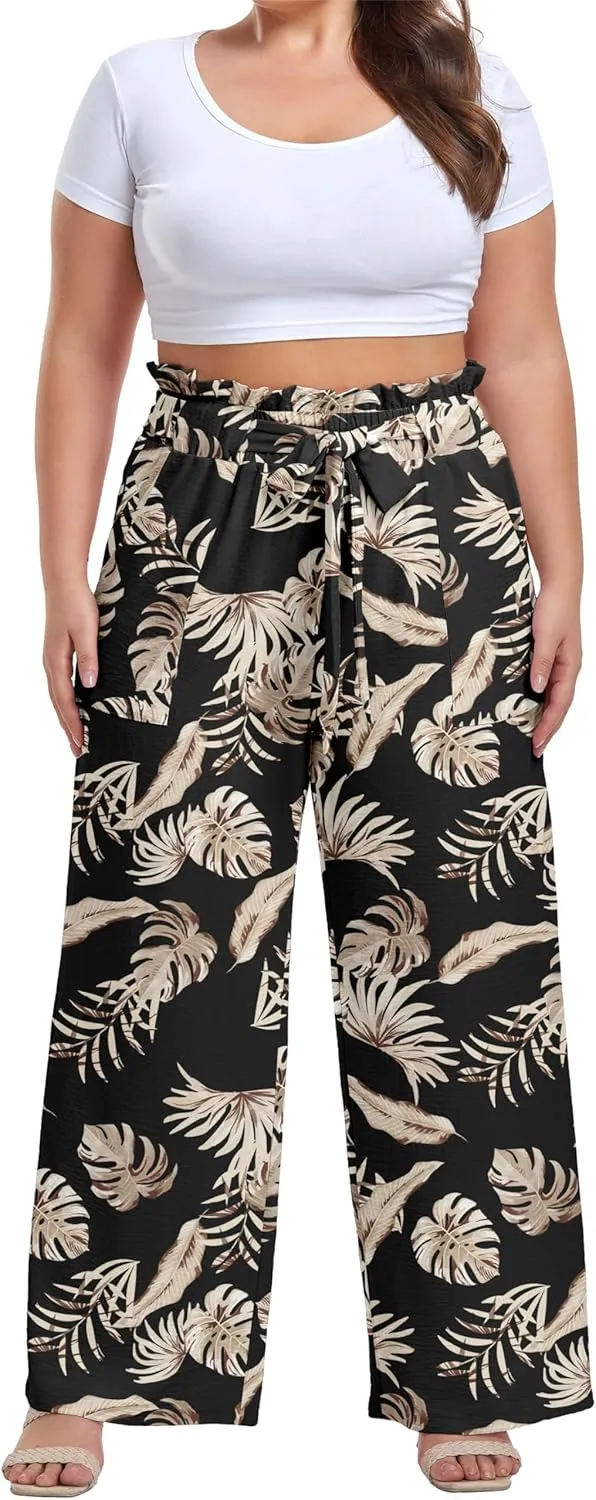 OLRIK Women's Casual Plus Size Pants High Waisted Self-tie Belted Lounge Pants Straight Long Trousers with Pockets