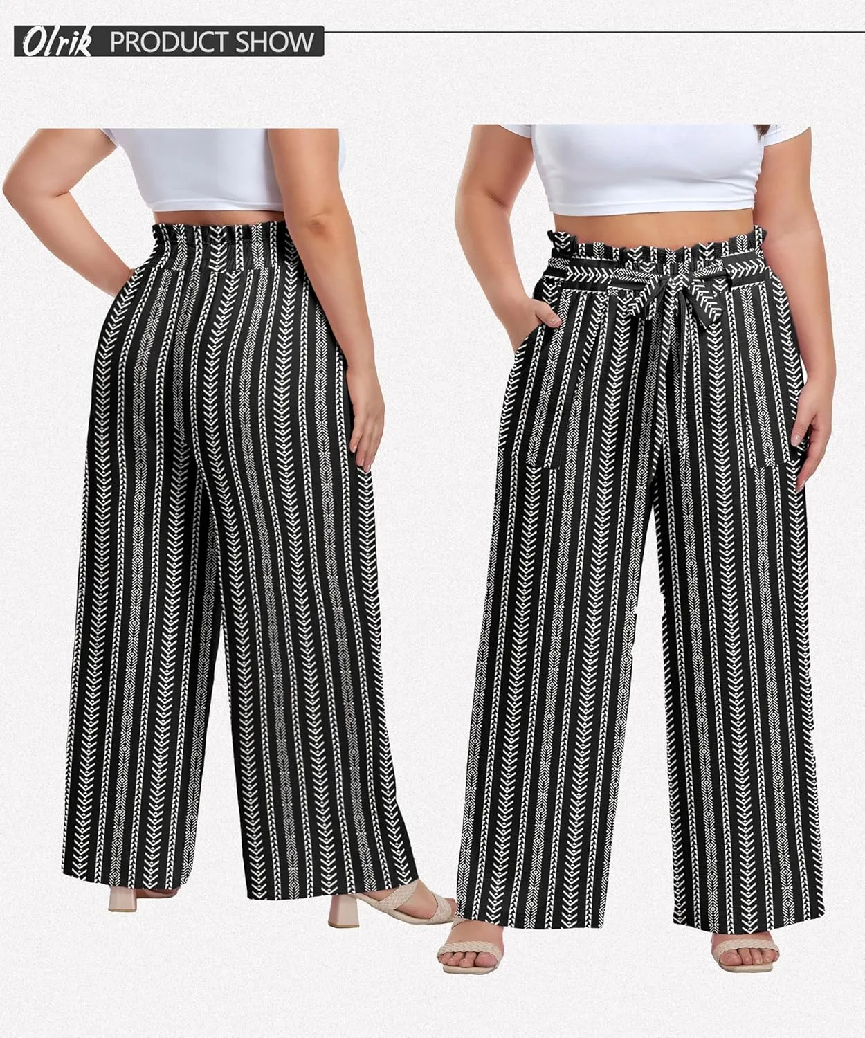 OLRIK Women's Casual Plus Size Pants High Waisted Self-tie Belted Lounge Pants Straight Long Trousers with Pockets