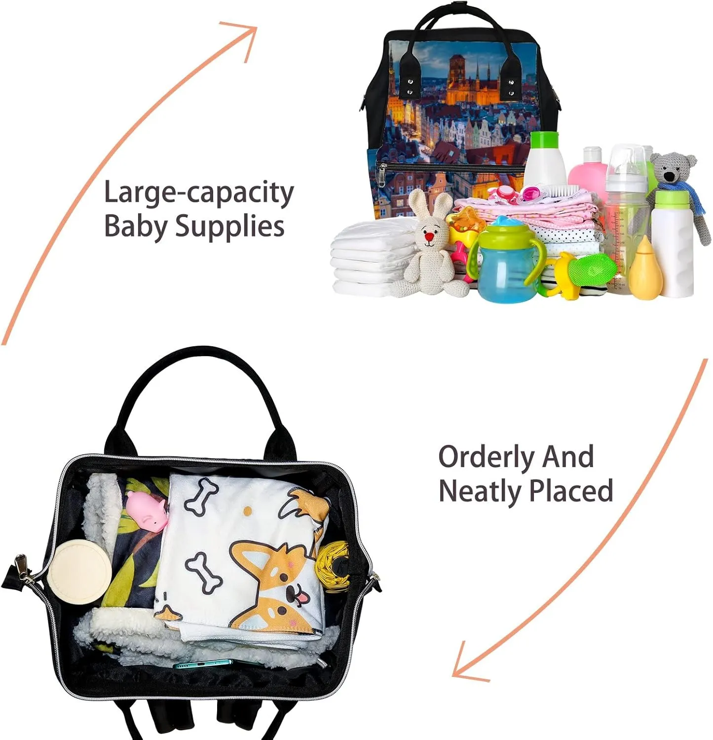 Orange Beautiful Old Town Gdansk Winter Dusk Diaper Bag Backpack, waterproof backpack Baby Nappy Changing Bags Laptop Backpack for Travel, Large Capacity, Durable and Stylish for Woman and Men.