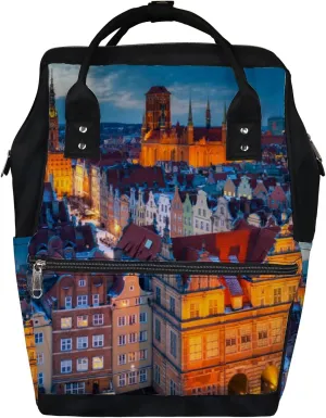 Orange Beautiful Old Town Gdansk Winter Dusk Diaper Bag Backpack, waterproof backpack Baby Nappy Changing Bags Laptop Backpack for Travel, Large Capacity, Durable and Stylish for Woman and Men.