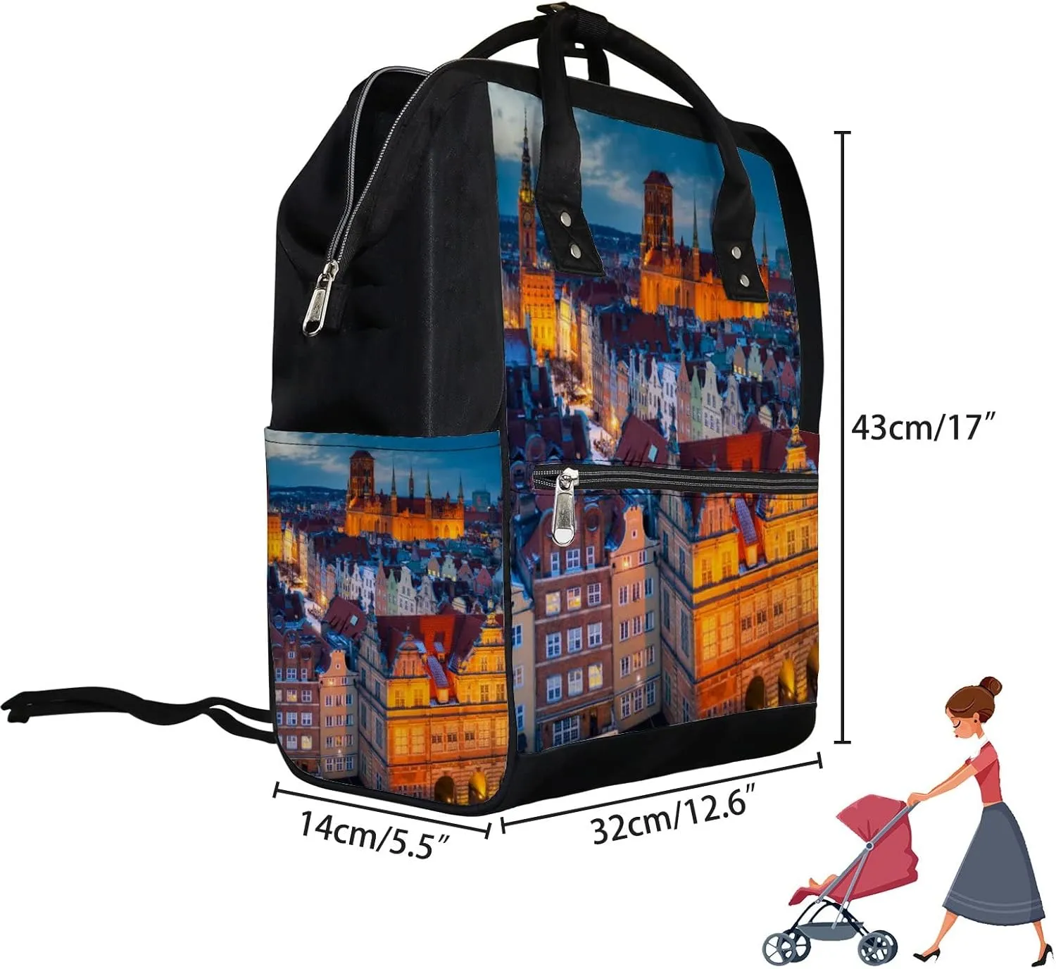 Orange Beautiful Old Town Gdansk Winter Dusk Diaper Bag Backpack, waterproof backpack Baby Nappy Changing Bags Laptop Backpack for Travel, Large Capacity, Durable and Stylish for Woman and Men.
