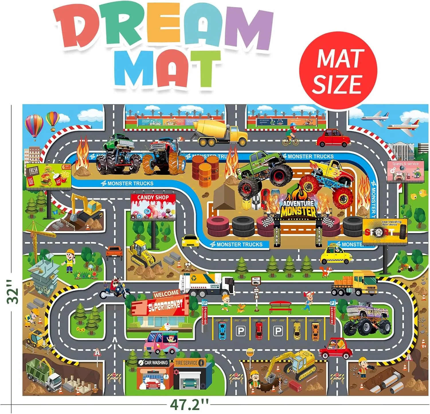 Oriate Kids Toy Dream Mat Monster Truck Activity Playmat, Multi Color Parent-Child Interaction Game Rug, Ideal Children's Educational Floor Mats for Monster Cars Construction Truck Toys 552-M