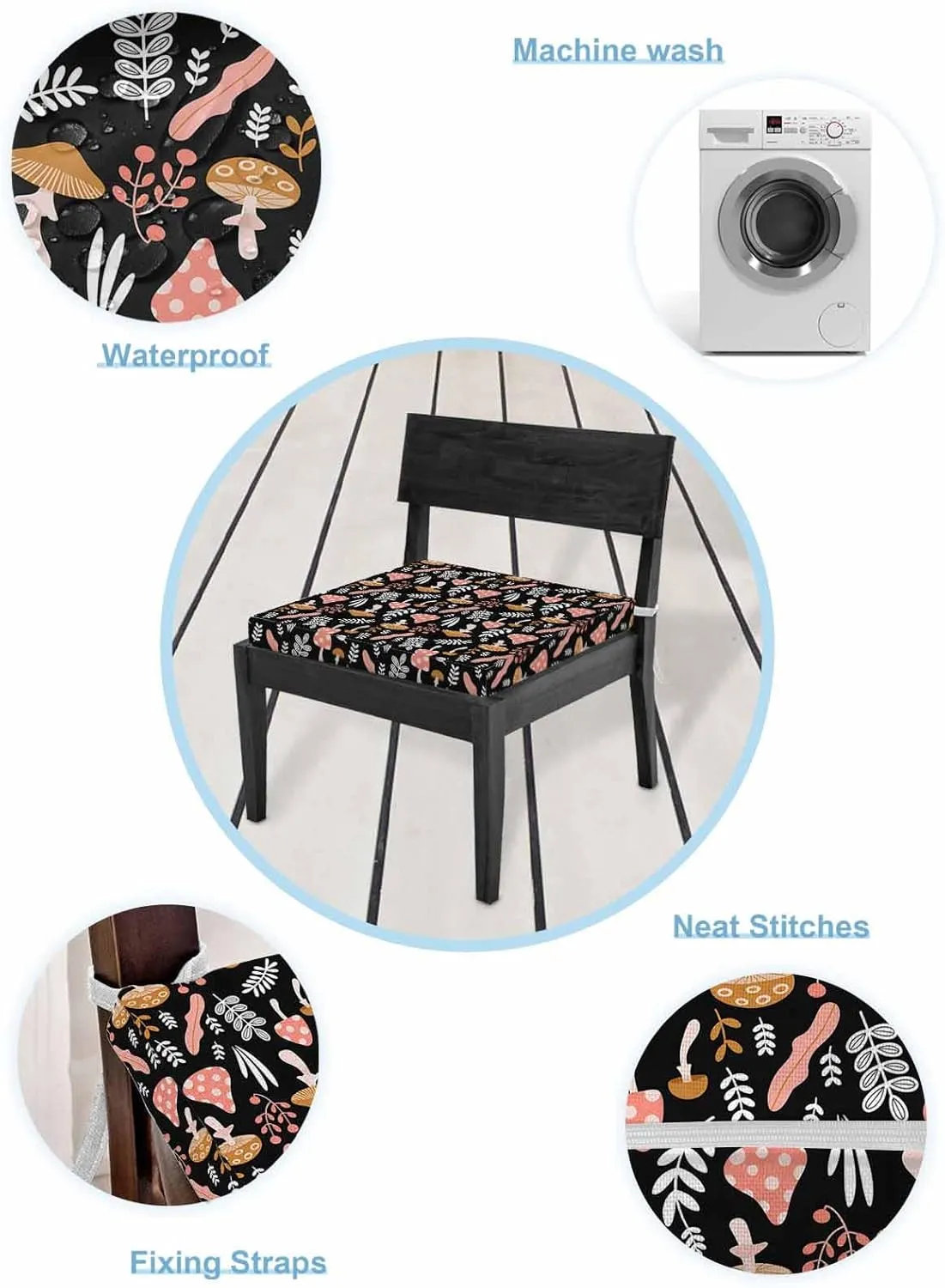 Outdoor Waterproof Cushion Covers Farm Watercolor Plants Replacement Stretch Seat Slipcover for Patio, Cartoon Herbs Mushrooms on Black Chair Couch Sofa Covers Furniture Protector Set of 2,24x24IN