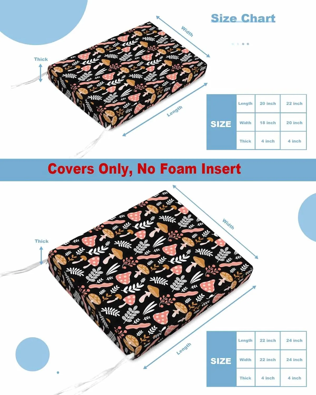 Outdoor Waterproof Cushion Covers Farm Watercolor Plants Replacement Stretch Seat Slipcover for Patio, Cartoon Herbs Mushrooms on Black Chair Couch Sofa Covers Furniture Protector Set of 2,24x24IN