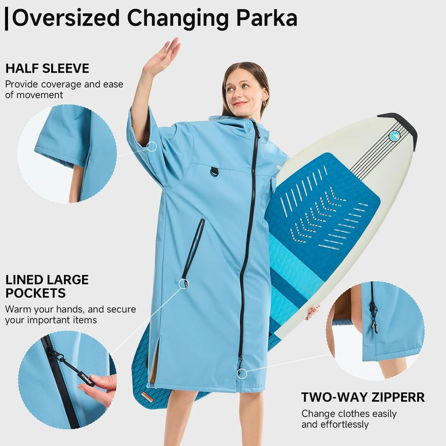 Oversized Waterproof Swim Parka, Half Sleeve Unisex Changing Coat With Hood, Fleece Lined Surf Poncho For Beach, Pool