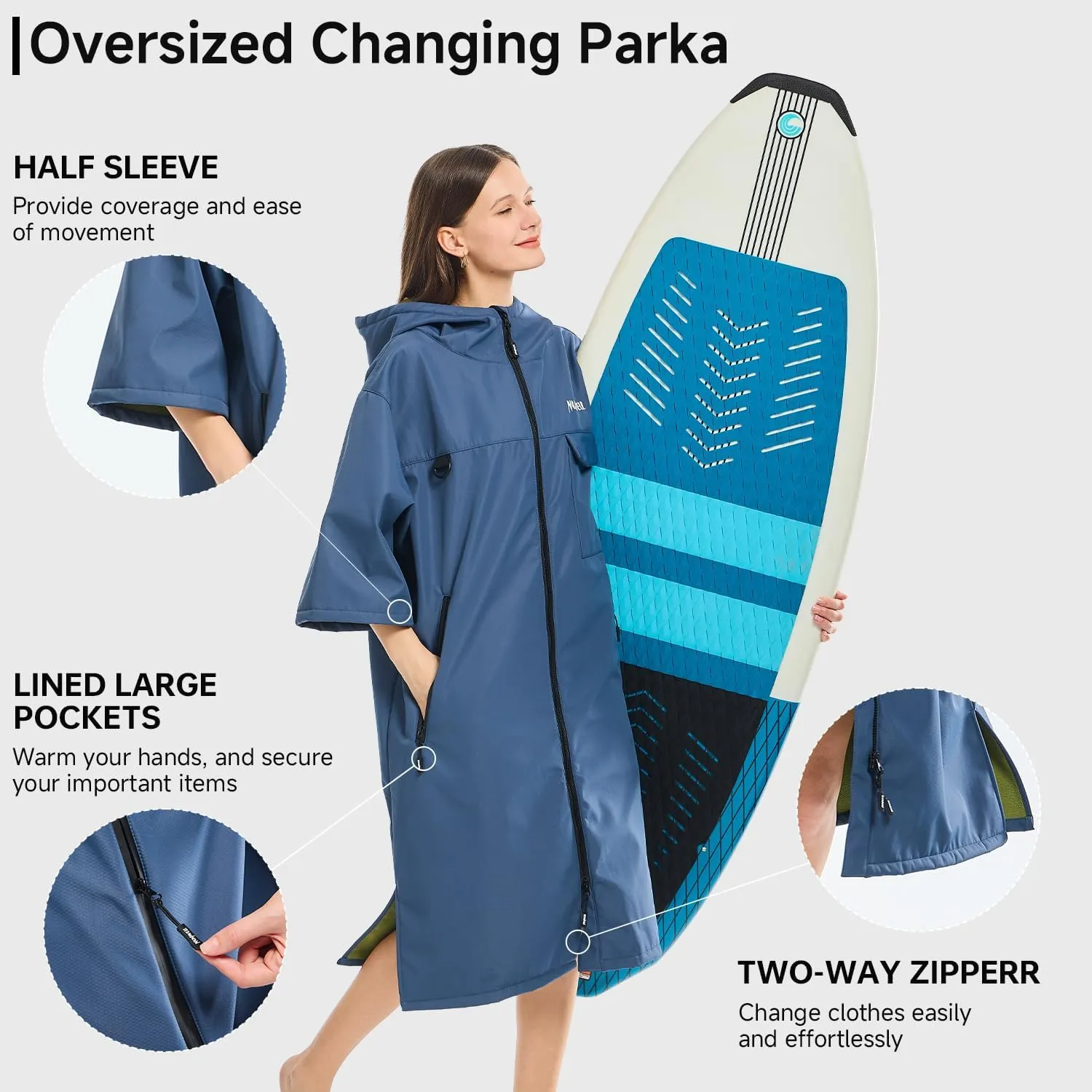Oversized Waterproof Swim Parka, Half Sleeve Unisex Changing Coat With Hood, Fleece Lined Surf Poncho For Beach, Pool