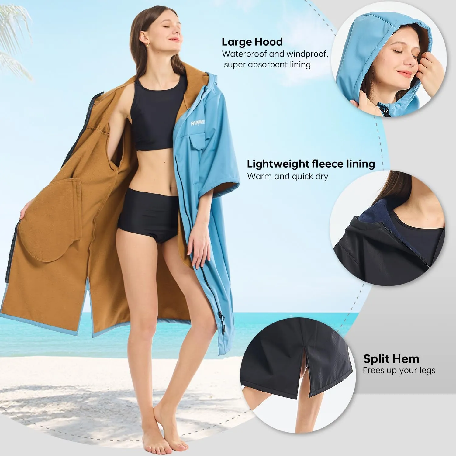 Oversized Waterproof Swim Parka, Half Sleeve Unisex Changing Coat With Hood, Fleece Lined Surf Poncho For Beach, Pool