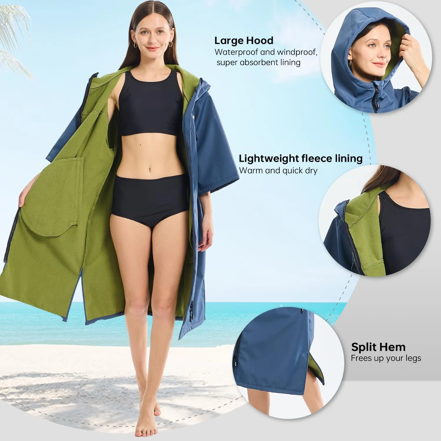 Oversized Waterproof Swim Parka, Half Sleeve Unisex Changing Coat With Hood, Fleece Lined Surf Poncho For Beach, Pool