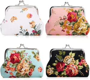 Oyachic 4 Packs Floral Coin Purse,Rose Kiss Lock Change Purse for Women,Small Cute Wallets with Clasp,Vintage Car Coin Pouch for Woman,Girls