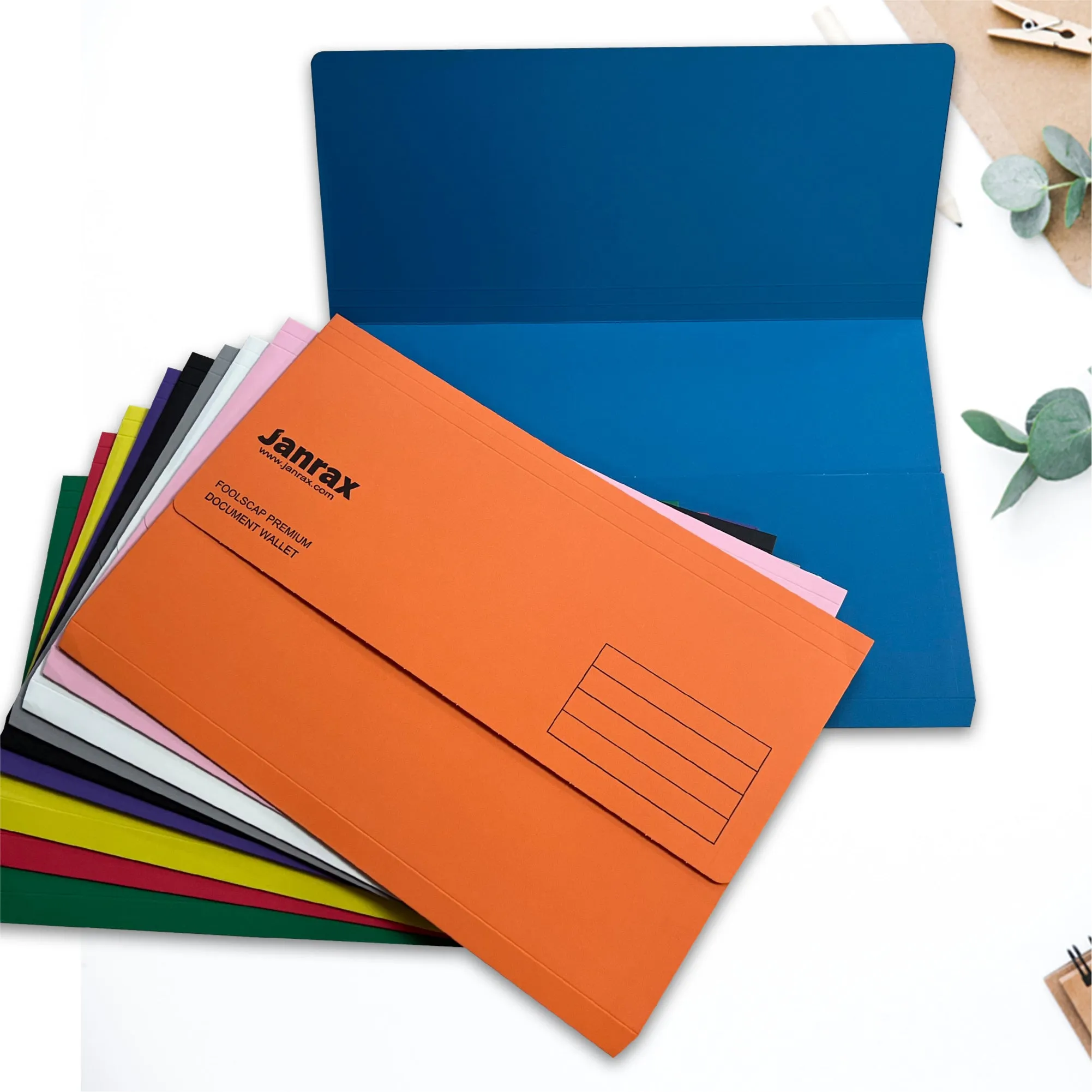 Pack of 50 Assorted Coloured Card Premium Foolscap Document Wallets