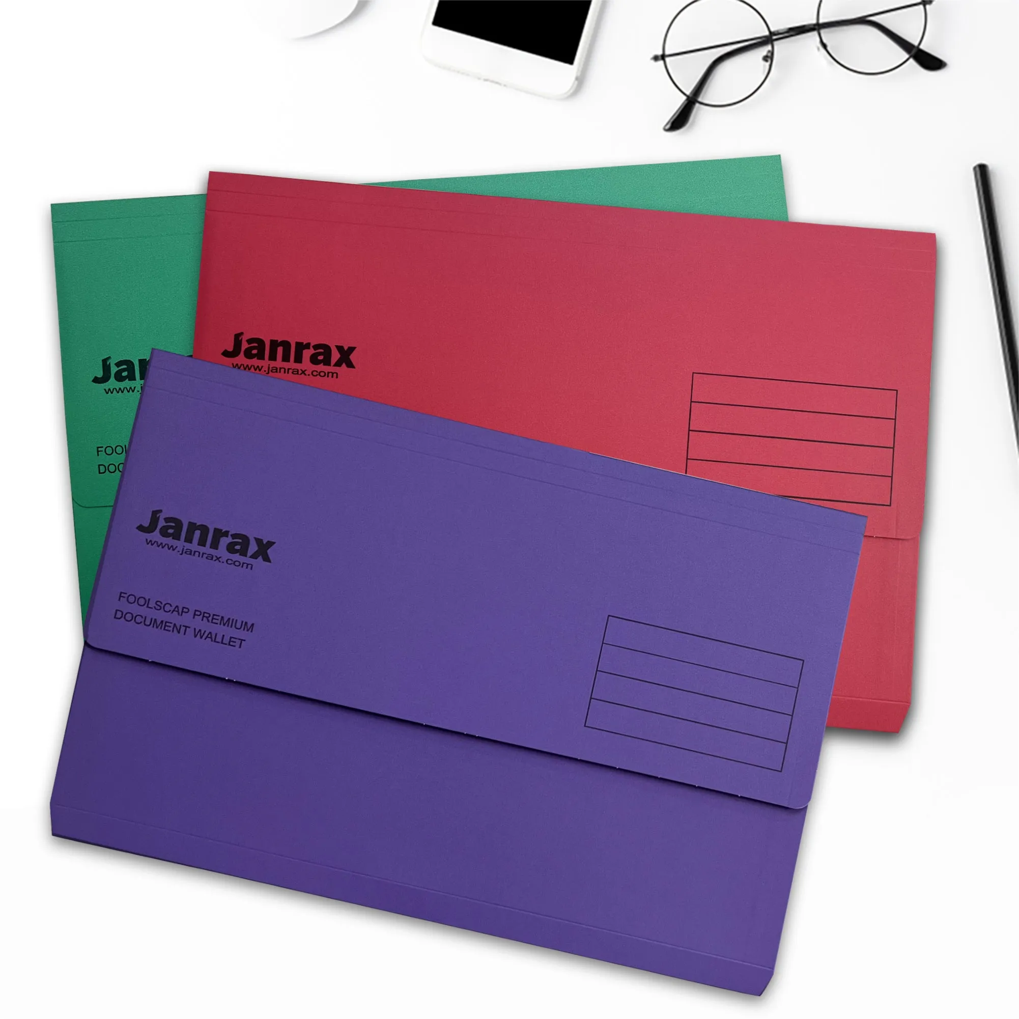 Pack of 50 Assorted Coloured Card Premium Foolscap Document Wallets