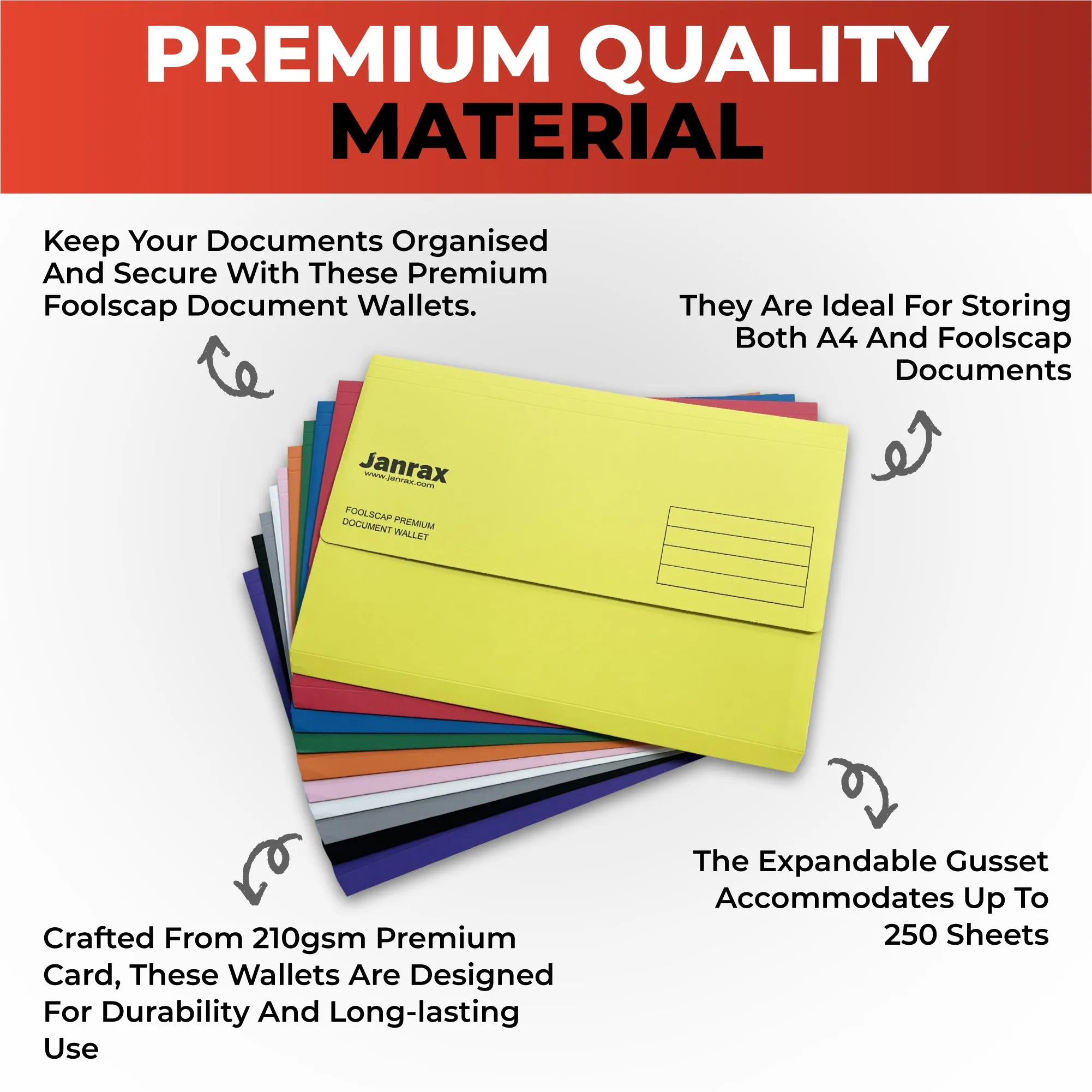 Pack of 50 Assorted Coloured Card Premium Foolscap Document Wallets