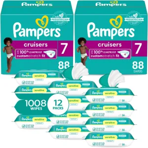 Pampers Pull On Cruisers 360° Fit Disposable Baby Diapers Size 7, 2 Months Supply (2 x 88 Count) with Sensitive Water Based Baby Wipes 12X Multi Pack Pop-Top and Refill (1008 Count)
