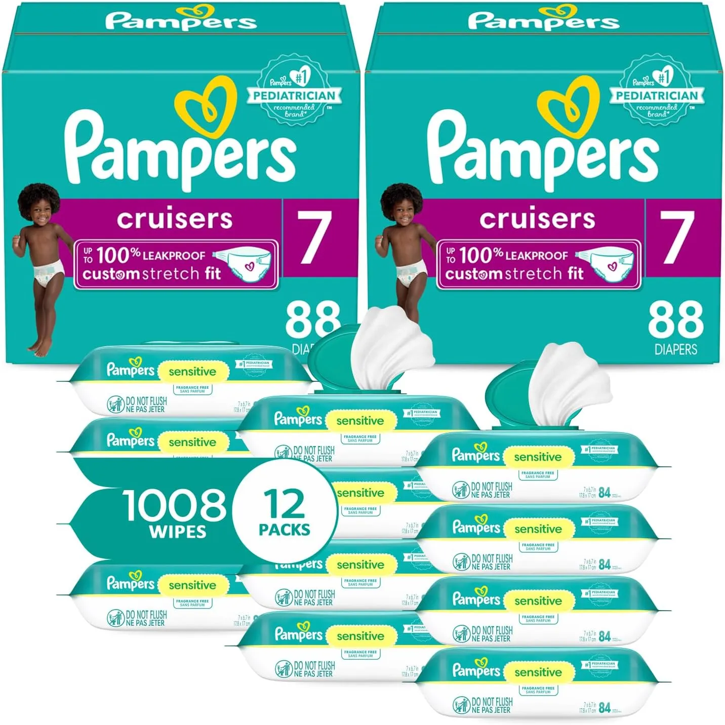Pampers Pull On Cruisers 360° Fit Disposable Baby Diapers Size 7, 2 Months Supply (2 x 88 Count) with Sensitive Water Based Baby Wipes 12X Multi Pack Pop-Top and Refill (1008 Count)