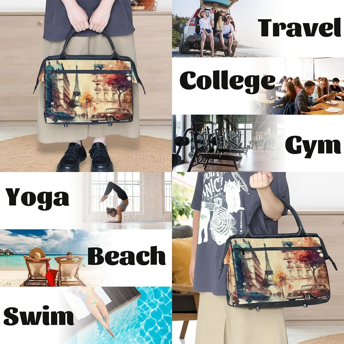 Paris Vintage Style Travel Duffle Bag, Waterproof Duffel Bag Weekender Overnight Carry On Bag Lightweight Sport Gym Bag for Men Women
