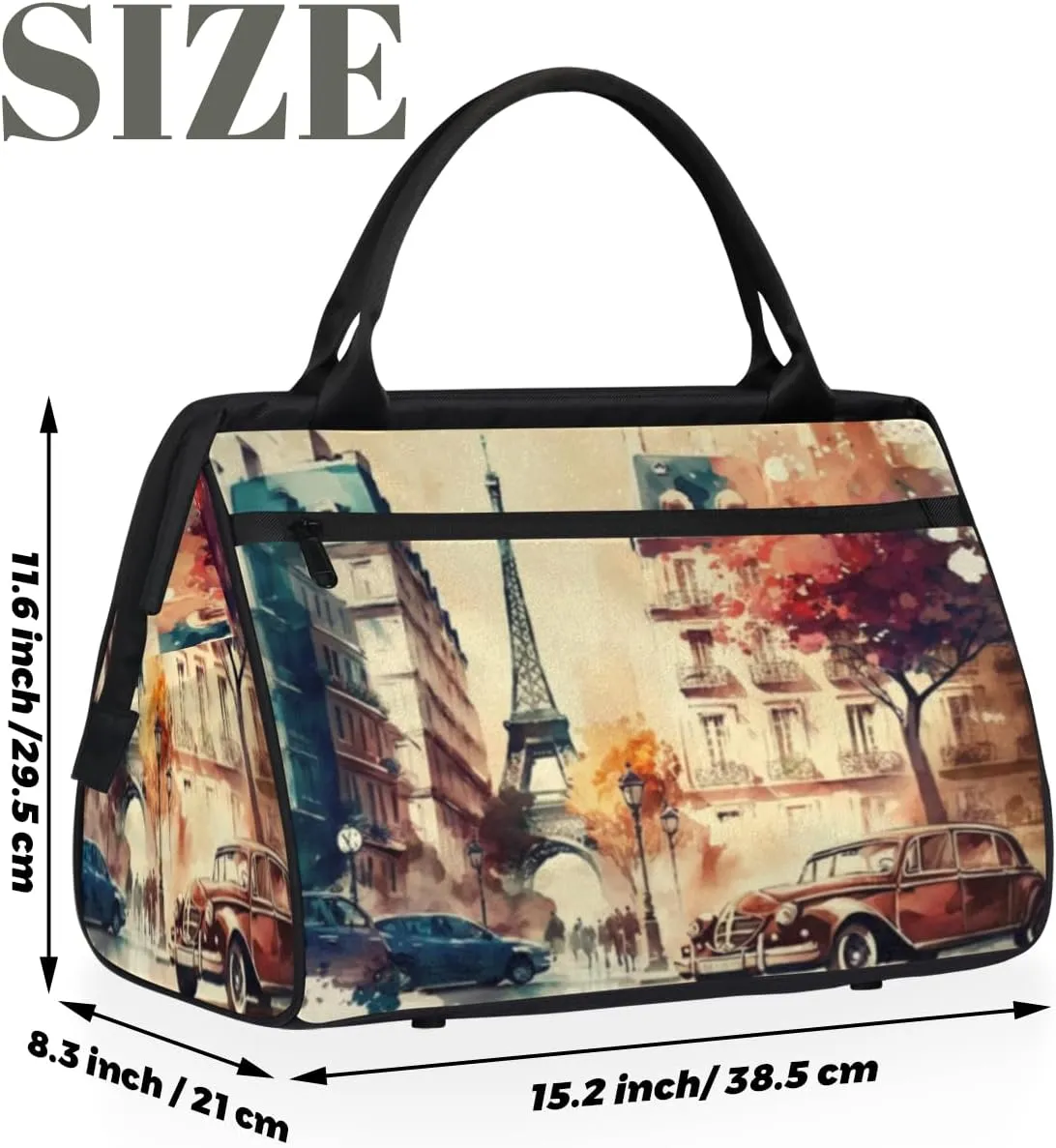 Paris Vintage Style Travel Duffle Bag, Waterproof Duffel Bag Weekender Overnight Carry On Bag Lightweight Sport Gym Bag for Men Women