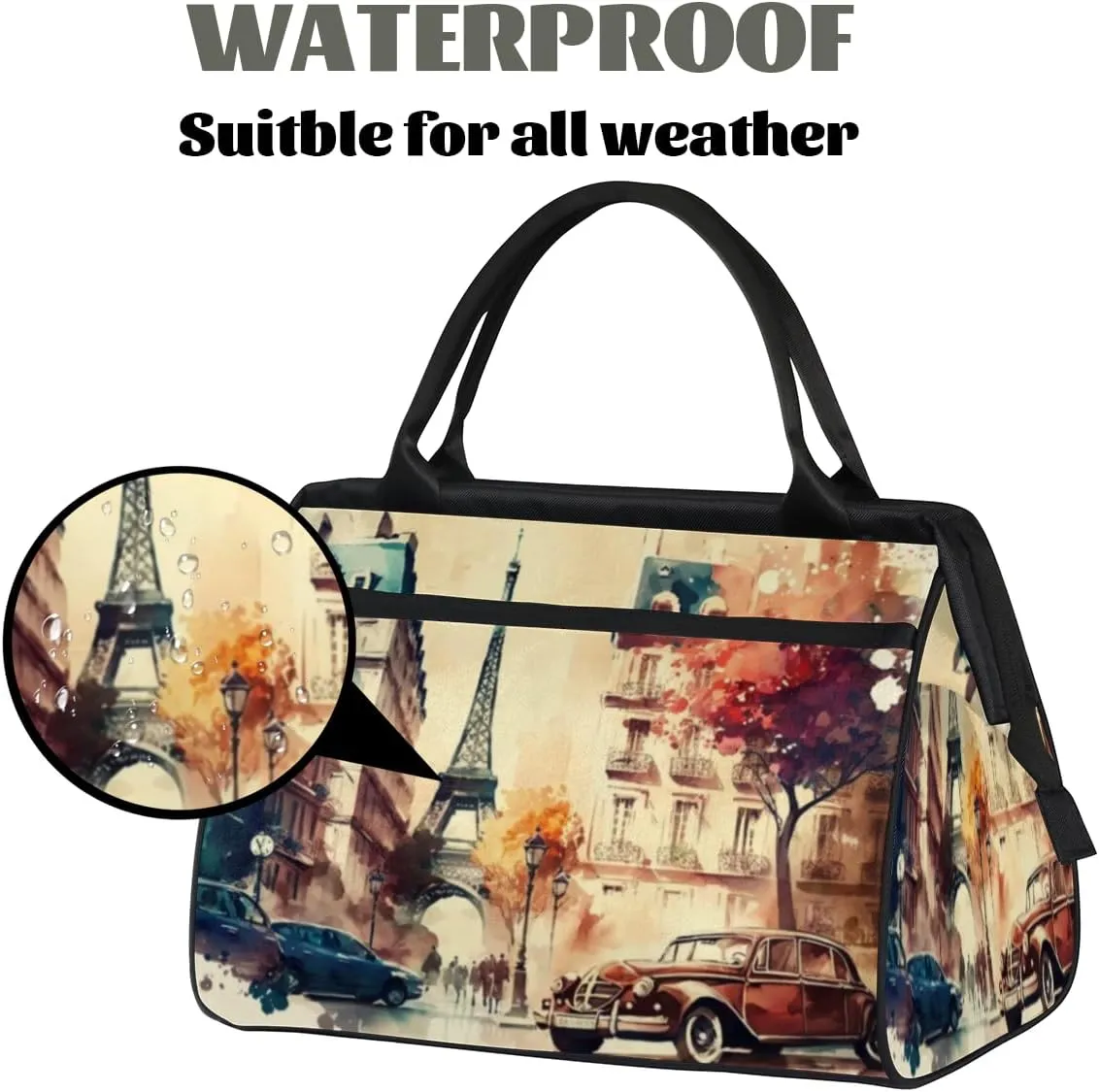 Paris Vintage Style Travel Duffle Bag, Waterproof Duffel Bag Weekender Overnight Carry On Bag Lightweight Sport Gym Bag for Men Women