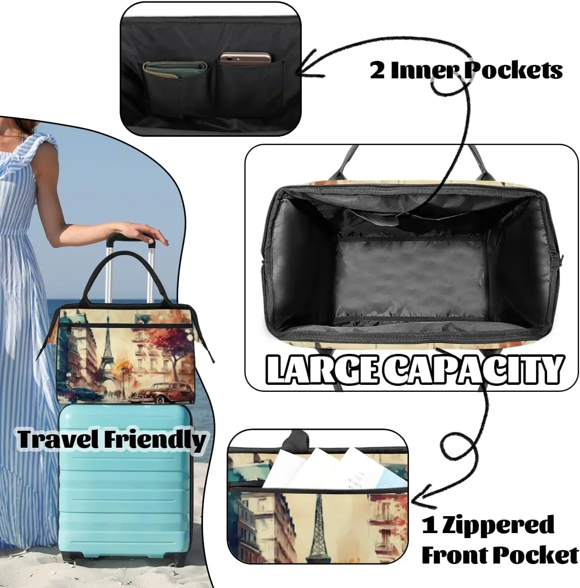 Paris Vintage Style Travel Duffle Bag, Waterproof Duffel Bag Weekender Overnight Carry On Bag Lightweight Sport Gym Bag for Men Women