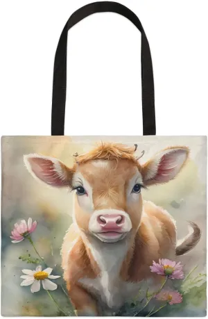 Pastel Flowers Cow Calf Canvas Tote Bag for Women Men Stylish Tote Handbag Shoulder Bag Reusable Grocery Bag Shopping Cloth Bag with Handles Portable Gift Bag （19.5"x17.9"）