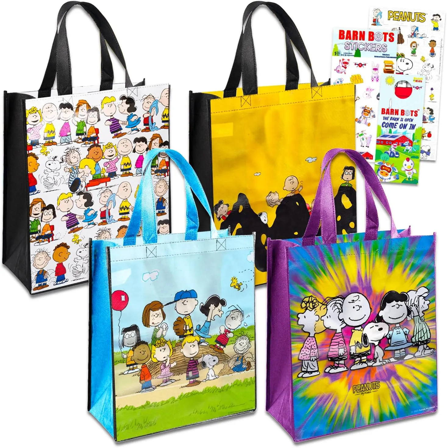 PEANUTS Tote Bags for Kids, Adults - 7 Pc Bundle with 4 Snoopy and Charlie Brown Tote Bags Plus Stickers, More | Snoopy Gifts for Kids