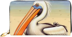 Pelican Birds Leather Wallets For Women Waterproof Zip Around Clutch Purses Large Credit Card Holder With Phone Holder Ladies Travel Coin Purse