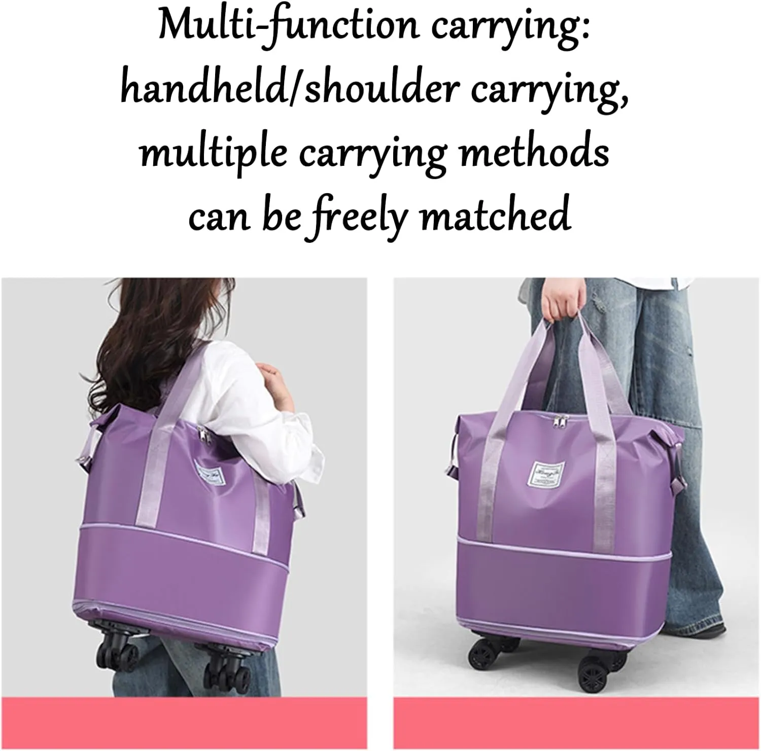 Pepepo Travel Bag with Wheels, 2025 New Large Capacity Duffle Bag Universal Wheel Removable Foldable Suitcase (Pink)