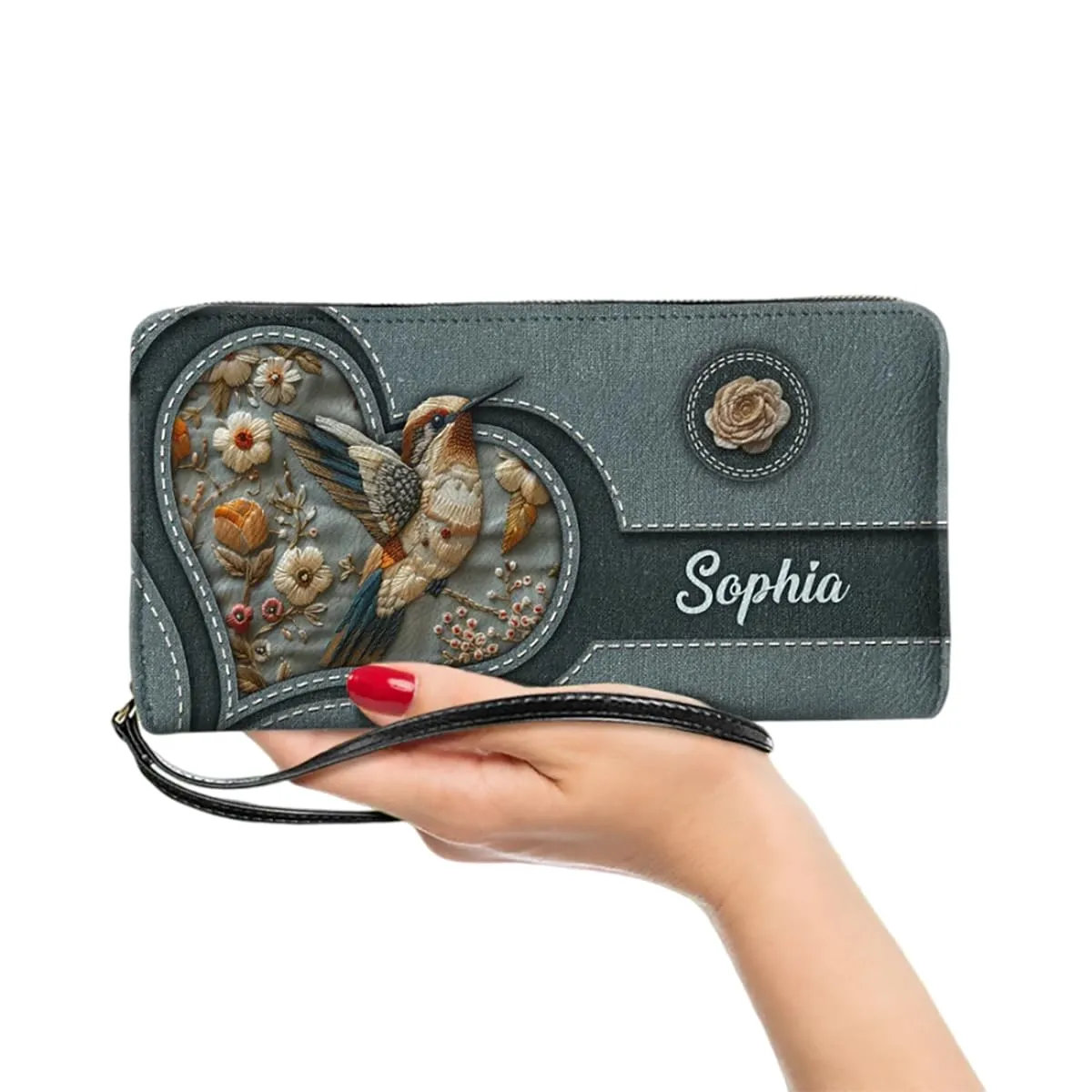 Personalized Always Love You - Hummingbird Women Leather Wallet, Custom Name Hummingbird Bird RFID Blocking Zip Wallet Purse, Pocket Long Ladies Clucth Wristlet, Encouraging Gift for Girl