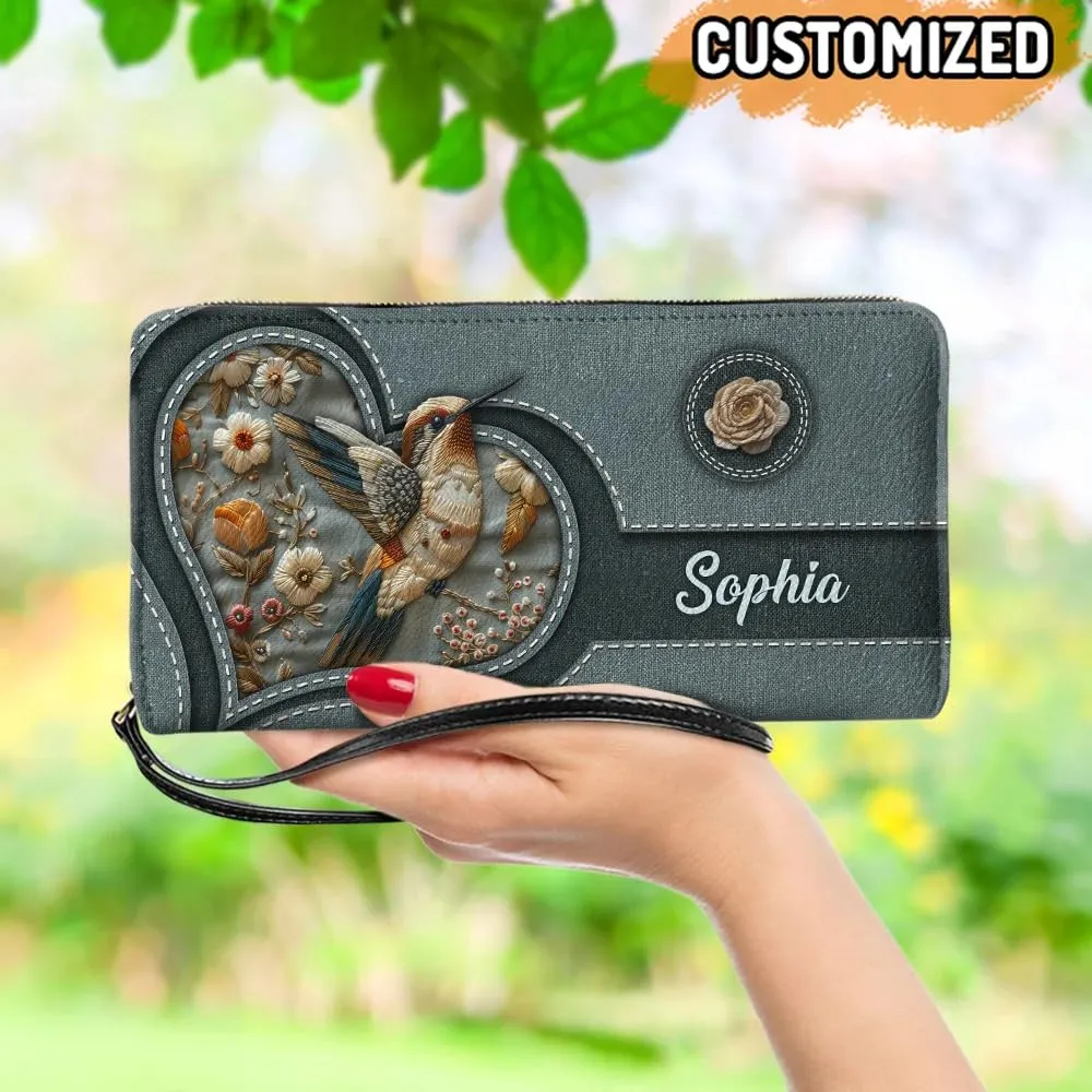 Personalized Always Love You - Hummingbird Women Leather Wallet, Custom Name Hummingbird Bird RFID Blocking Zip Wallet Purse, Pocket Long Ladies Clucth Wristlet, Encouraging Gift for Girl
