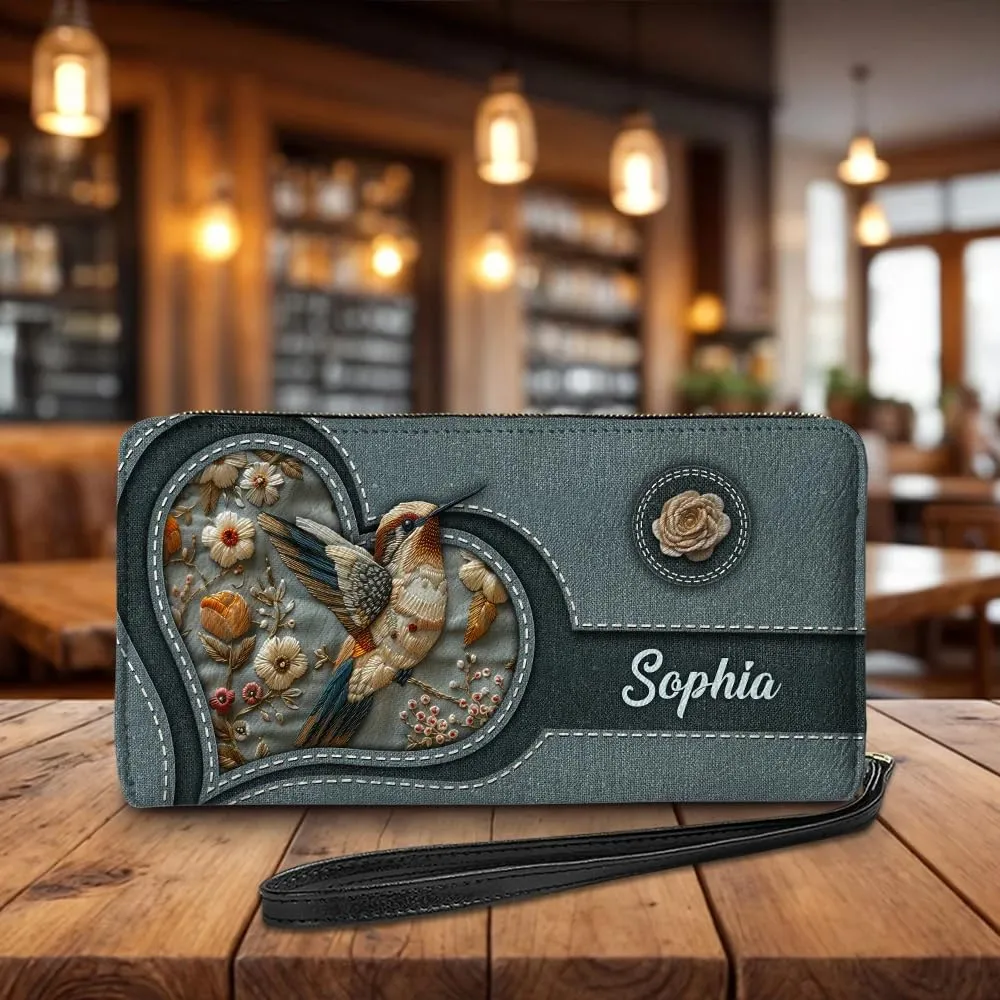 Personalized Always Love You - Hummingbird Women Leather Wallet, Custom Name Hummingbird Bird RFID Blocking Zip Wallet Purse, Pocket Long Ladies Clucth Wristlet, Encouraging Gift for Girl