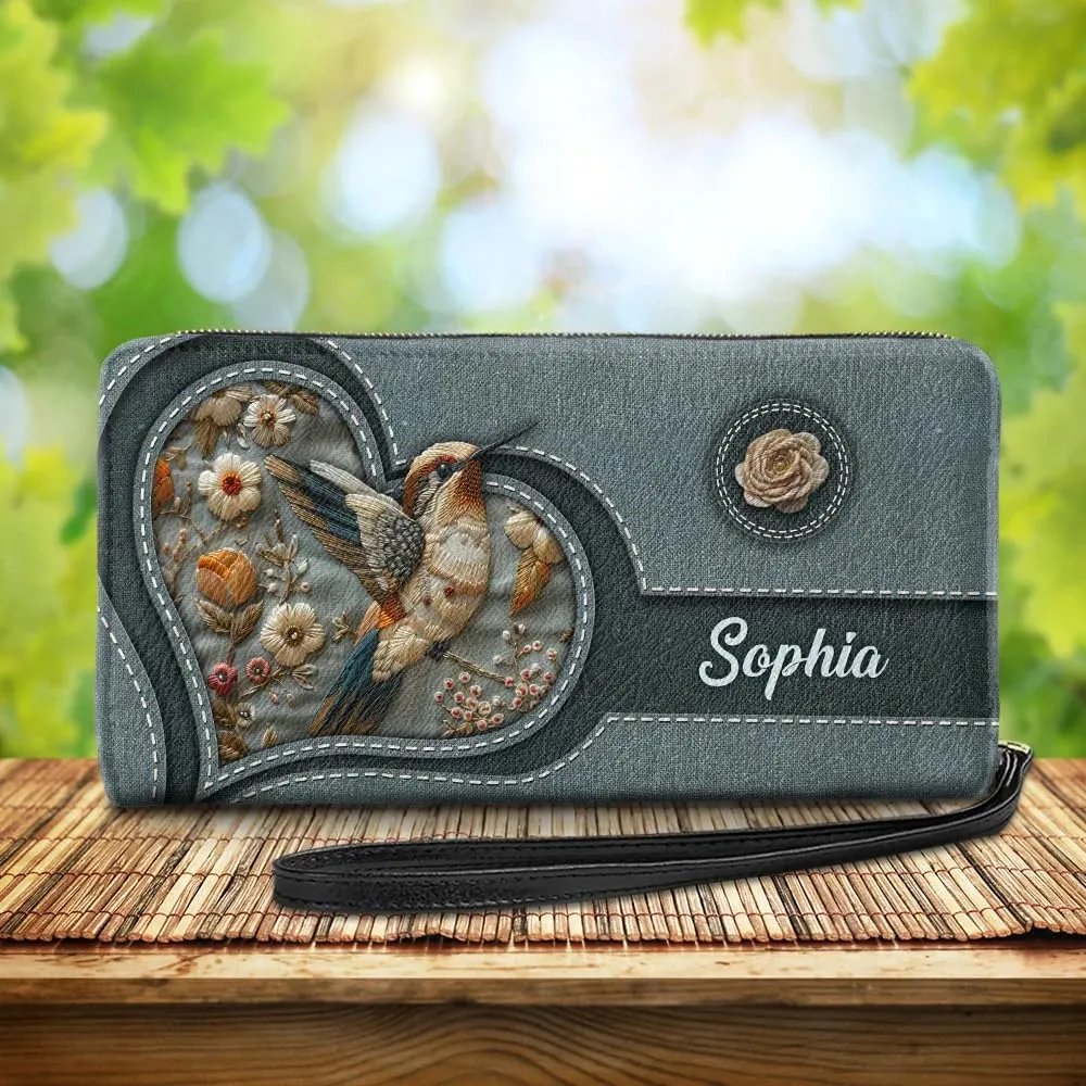 Personalized Always Love You - Hummingbird Women Leather Wallet, Custom Name Hummingbird Bird RFID Blocking Zip Wallet Purse, Pocket Long Ladies Clucth Wristlet, Encouraging Gift for Girl