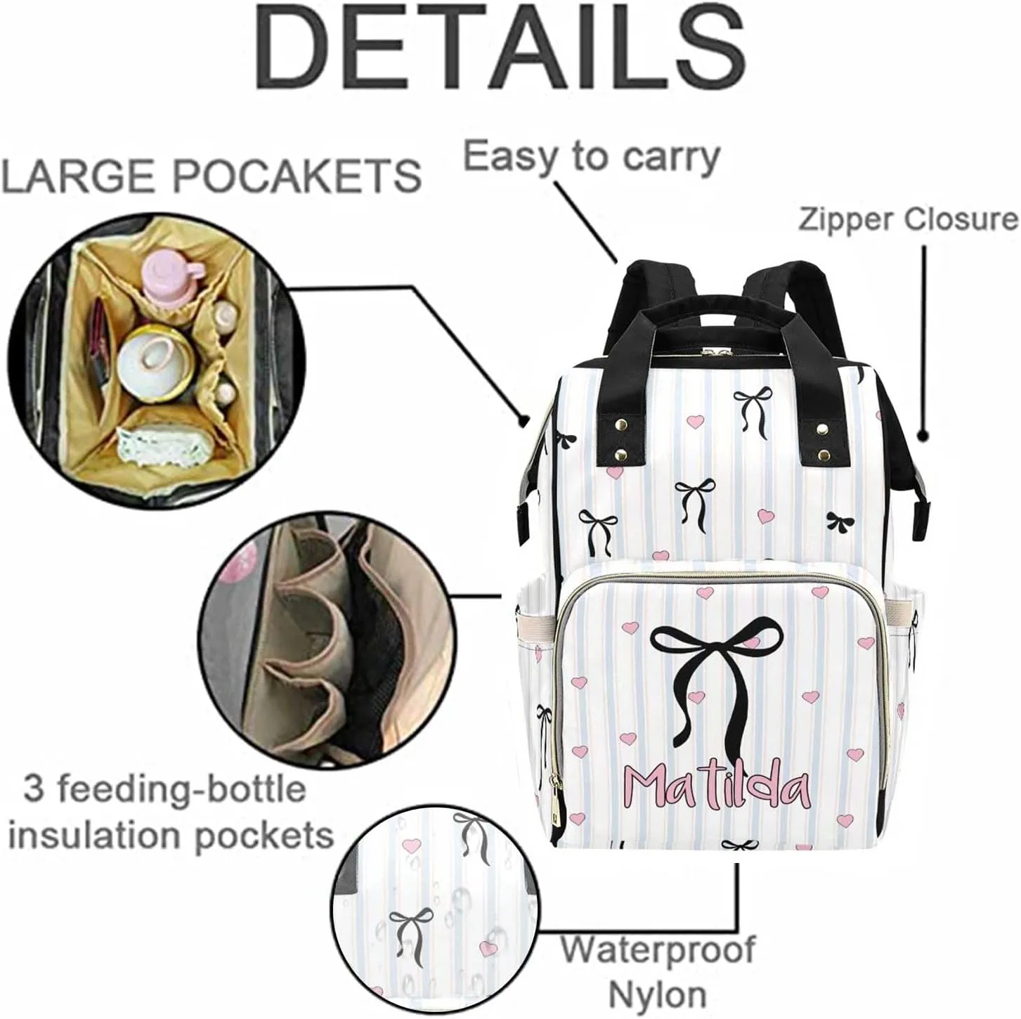 Personalized Baby Diaper Bag Backpack for Women, Custom Name Nursing Mommy Daypack, Diaper Bag for Girls Boys, New Mom Gifts (Bow Black)